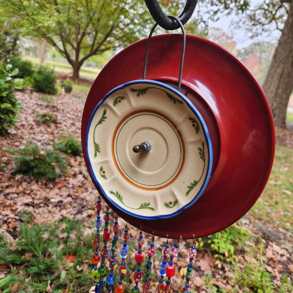 Red Floral Plate Dish Flower Windchime Sun Catcher Lampwork Beads Tin Bells - Picture 3 of 3